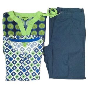 Crocs Scrubs 3 Pieces Size S 2 Tops 1 Bottom Dark Blue Bright Green